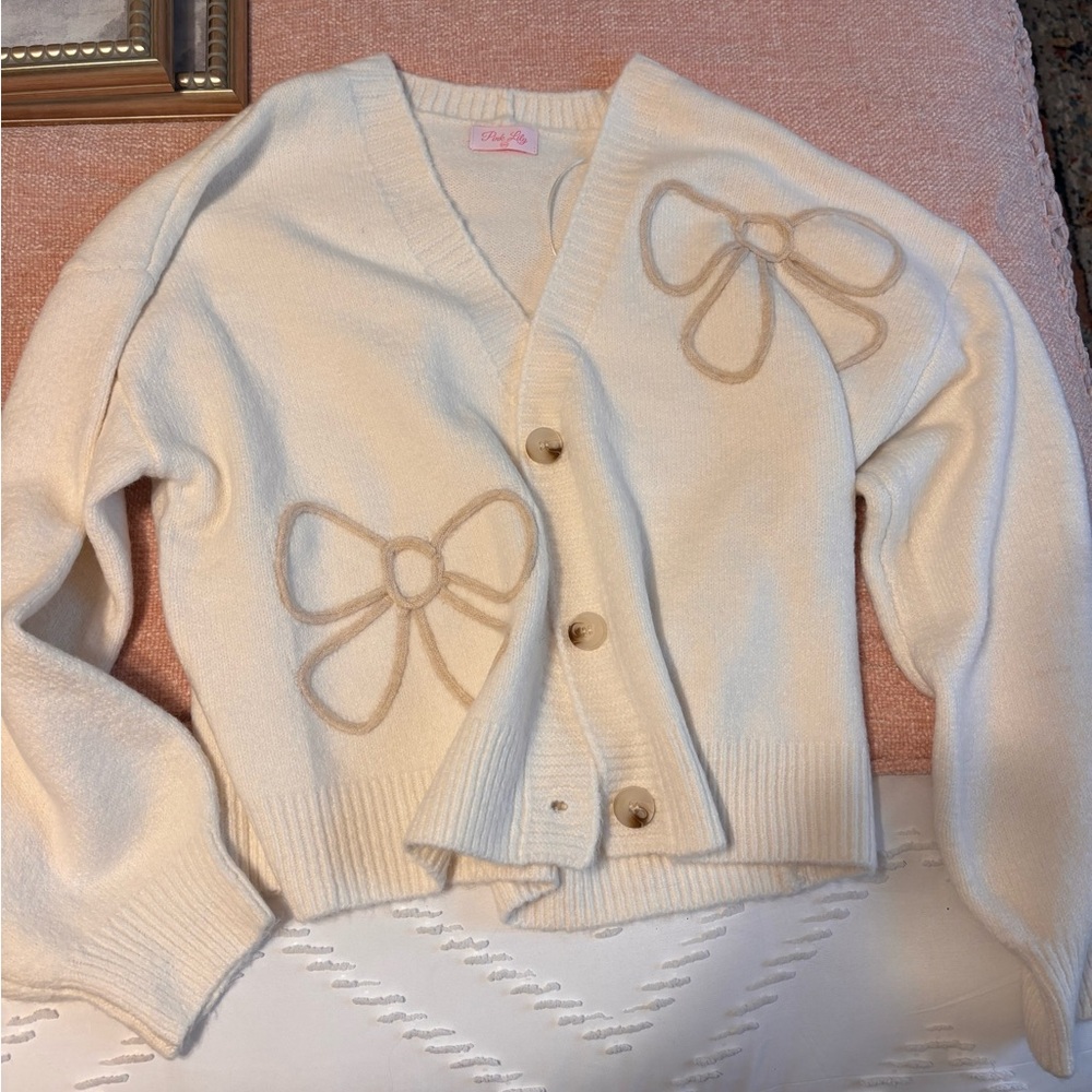 Pink Lily Cream Cardigan with Bow Details